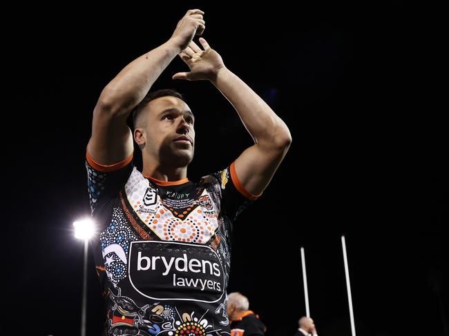 SYDNEY, AUSTRALIA - MAY 20:  Luke Brooks of the Tigers celebrates victory and acknowledges fans after the round 12 NRL match between Wests Tigers and North Queensland Cowboys at Leichhardt Oval on May 20, 2023 in Sydney, Australia. (Photo by Matt King/Getty Images)