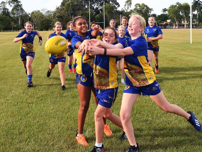 Wanderers U12s Grand Final promo, The U12s known as the Knuckleheads training at Anula oval, in front Faithe Bouwer, Maggie King, and Hayley Hopkinson with team mates in background.   Picture Katrina Bridgeford.