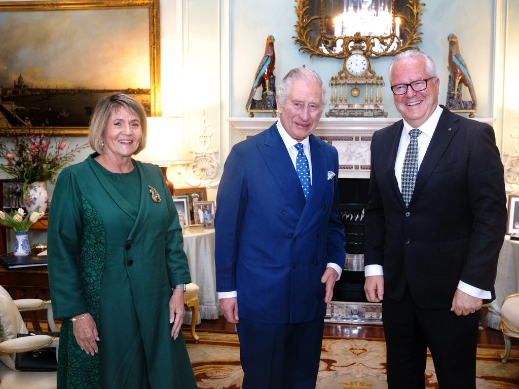 King Charles met with the Governor of Western Australia, Chris Dawson, and his wife Darrilyn Dawson, while Lilibet was being christened. Picture: Getty Images