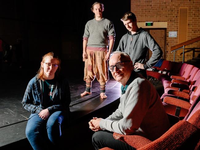 Zepheryn Rosewood, Ashley Dunn, Harry Dewar and Ryan Henshaw from acting group Squadron of Fools, at The Hopgood Theatre in Adelaide, Tuesday, July 24, 2018. (AAP Image/Morgan Sette)