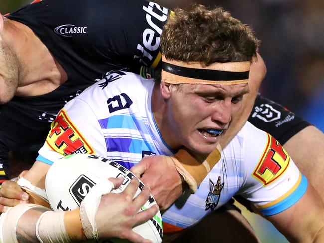 SYDNEY, AUSTRALIA - JULY 12: Jarrod Wallace of the Titans is tackled during the round 17 NRL match between the Penrith Panthers and the Gold Coast Titans at Panthers Stadium on July 12, 2019 in Sydney, Australia. (Photo by Cameron Spencer/Getty Images)