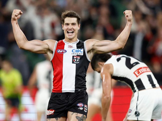 MELBOURNE, AUSTRALIA - MARCH 21: Liam Stocker of the Saints celebrates during the 2024 AFL Round 02 match between the St Kilda Saints and the Collingwood Magpies at the Melbourne Cricket Ground on March 21, 2024 in Melbourne, Australia. (Photo by Michael Willson/AFL Photos via Getty Images)