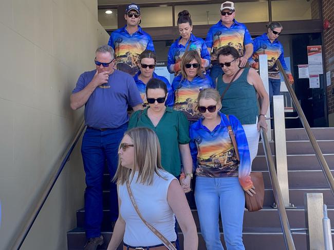 Family and friends of the Schwarz and Tighe family leaving Mackay court house after the committal hearing for triple murder accused Darryl Valroy Young. Picture: Janessa Ekert