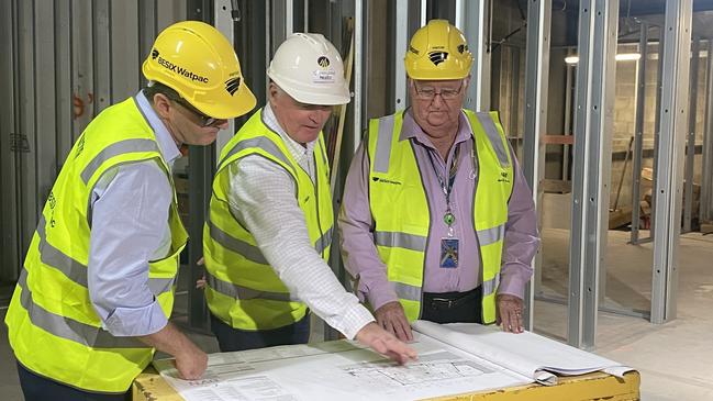 Dr Jeremy Wellwood, Michael Healy and Clive Skarott at the construction site of the Cairns emergency department upgrade. Picture: Kayla McLean.