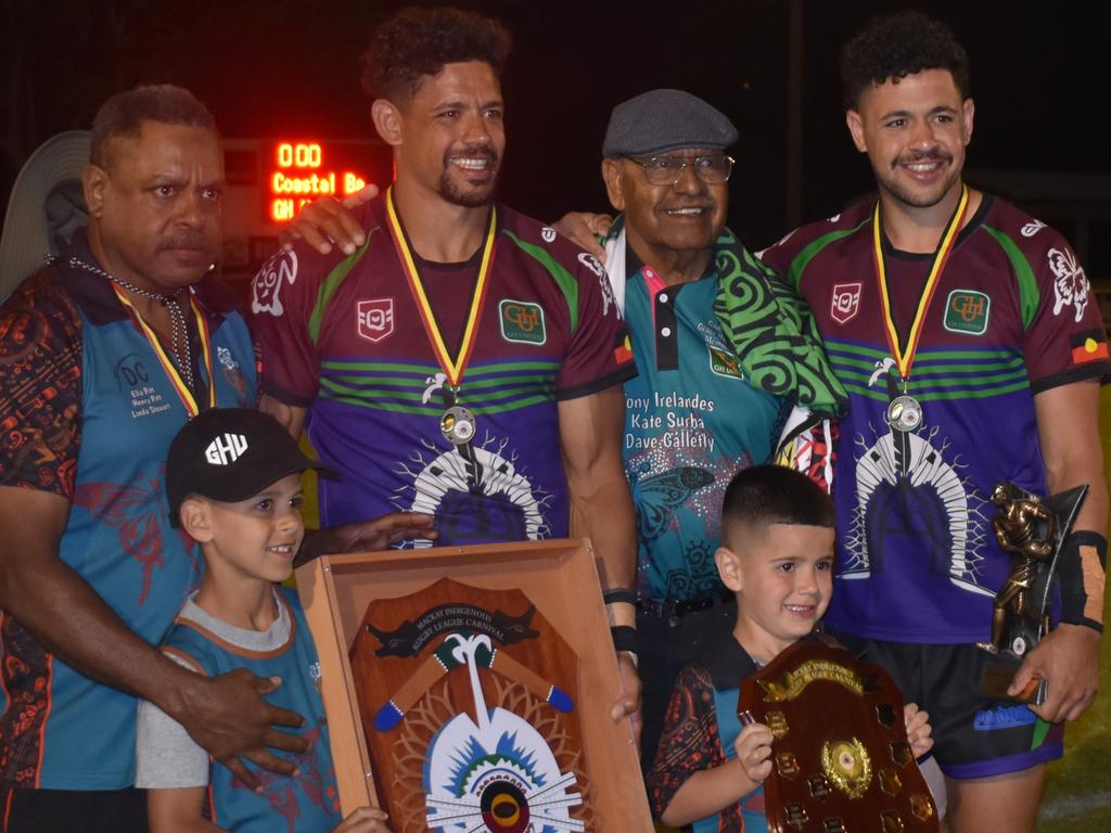 Four generations of Gagai's, including Dane (middle left) and Jacob (right), after GH United's win at the Mackay Indigenous Rugby League Carnival. Picture: Mitch Bourke.