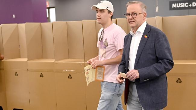 Prime Minister Anthony Albanese cast his vote for the Voice early on Sunday alongside his son Nathan. Picture: NCA NewsWire / Jeremy Piper