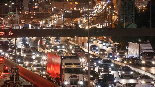 Traffic on the West Gate Freeway on Melbourne’s first day of freedom after its fourth Covid-19 lockdown. Picture: Mark Stewart