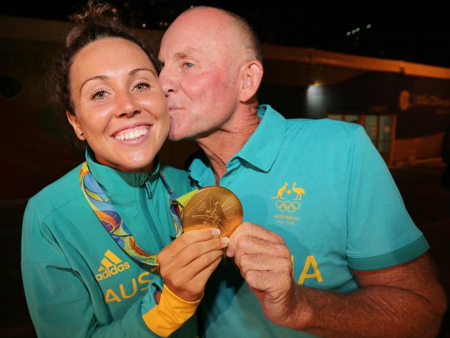 Rio Olympics Games 2016. Australian Gold Medalist in Modern Pentathlon Chloe Esposito is congratulated by her dad and coach Daniel Esposito. RIO DE JANEIRO, Brazil. Picture: Cameron Tandy