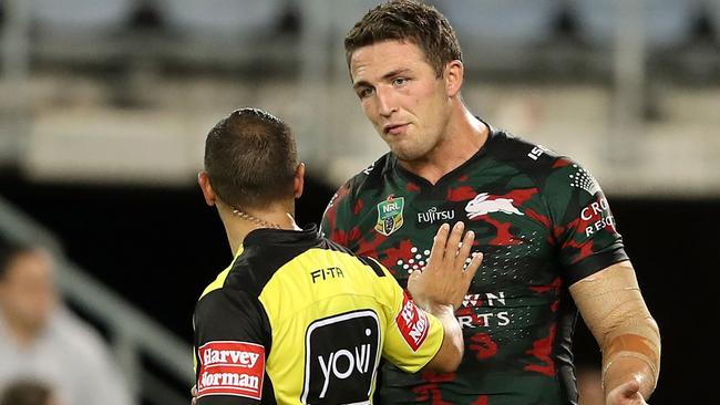 Ashley Klein has words with former Rabbitohs star Sam Burgess. Picture: Mark Kolbe/Getty Images