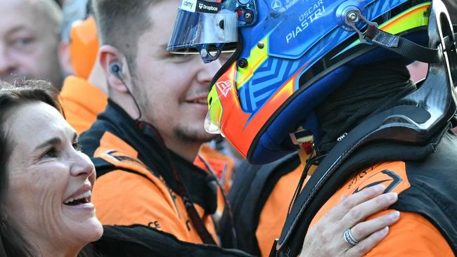 McLaren's Australian driver Oscar Piastri celebrates with his mother, Nicole Piastri. Picture: AFP