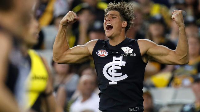 Charlie Curnow celebrates one of his five goals against Richmond.