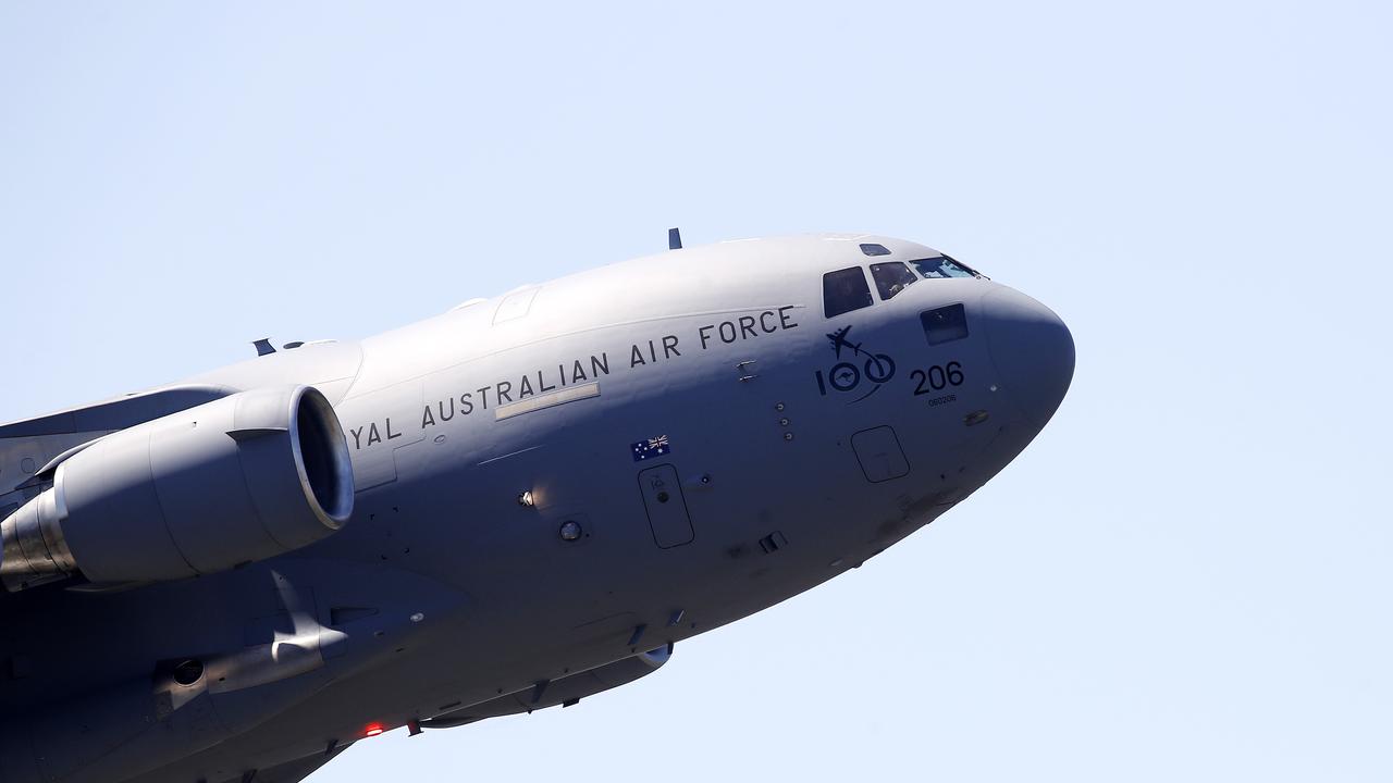 RAAF C-17 Globemaster pictured flying over Brisbane (from the Emporium Hotel) in preparation for its Riverfire Festival display this Saturday. Image/Josh Woning