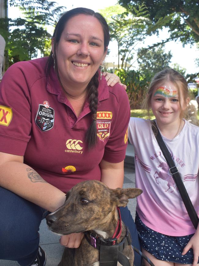 Ipswich 2023 Dog Day at Nicholas Street Precinct pictured is Kara Euhus and Shelby Euhus with dog Harley