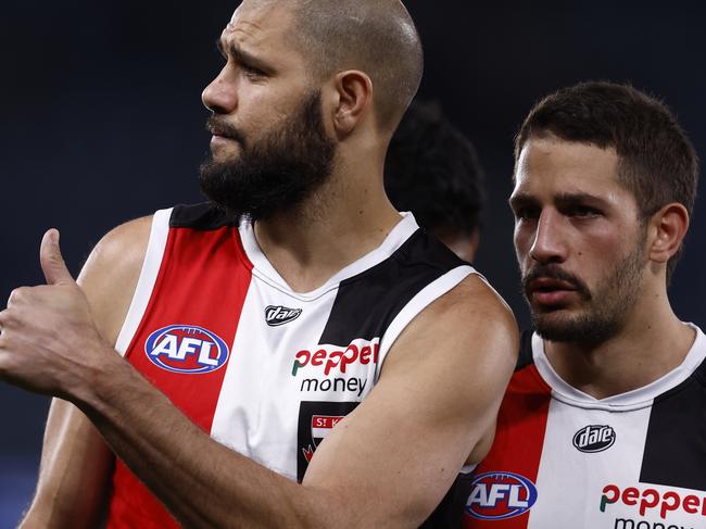 Paddy Ryder acknowledges St Kilda fans after the round 18 match between the Western Bulldogs. Picture: Darrian Traynor/Getty Images.