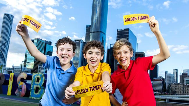 Brisbane’s young Charlie’s Phineaus Knickerbocker, Cooper Matthews and Flynn Nowlan will be on stage soon in Charlie and the Chocolate Factory at QPAC. Picture: Richard Walker