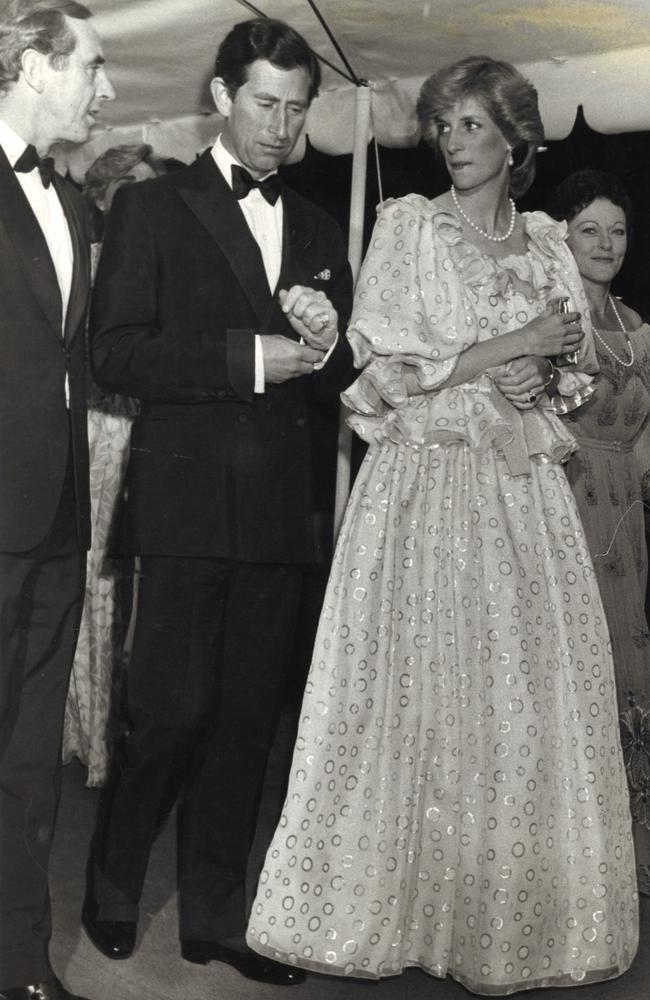 Prince Charles and Princess Diana with Premier John Cain and wife at the Melbourne Concert Hall in 1983.