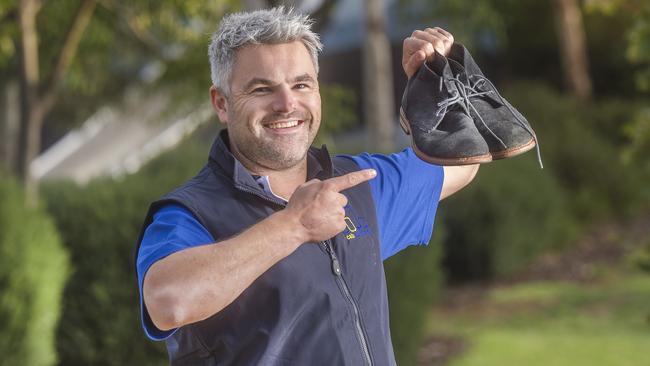 Jimmy House with his $300 shoes that were nicked by a fox. Picture: Rob Leeson