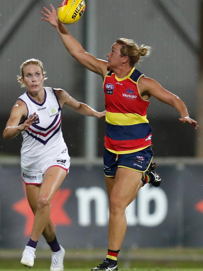 Courtney Cramey in action during the 2019 NAB AFLW round four match between the Adelaide Crows and Fremantle Dockers at TIO Stadium on February 23, 2019 in Darwin. Picture: Michael Willson/AFL Media