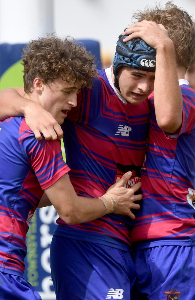 St Augustine College old boy Jack Rix celebrates try. Picture: Evan Morgan