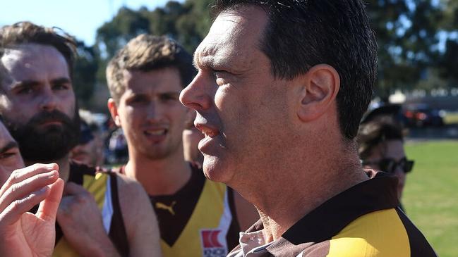 Boronia coach Matt Clark addresses his players. Picture: Davis Harrigan