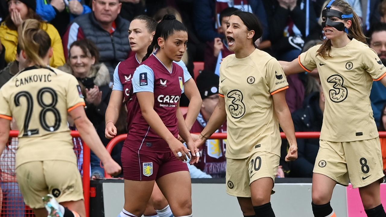 : Sam Kerr of Chelsea celebrates with teammates (Photo by Gareth Copley/Getty Images)