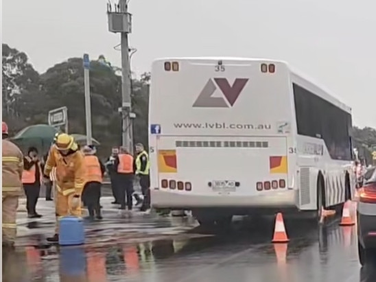 Two people have been rushed to hospital after a﻿ car collided with a bus carrying 20 students in Victoria's Gippsland region.The crash occurred at ﻿the intersection of Bank Street and Princes Highway in Traralgon about 3.50pm today, 25 July 2024. Picture: LVI & CA  - https://www.facebook.com/people/Latrobe-Valley-Incidents-Crime-Activity/100090113163473/