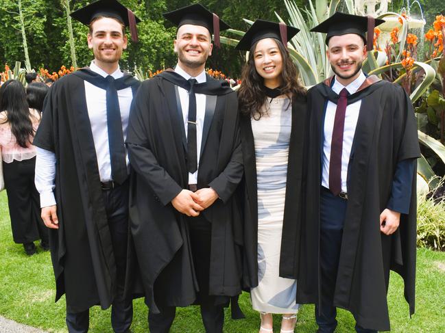 Doctor of Dental Surgery graduates: Dr James Tomazos, Dr John Madi, Dr Sophie Zheng and Dr Ali Wassouf at the University of Melbourne graduations held at the Royal Exhibition Building on Saturday, December 7, 2024. Picture: Jack Colantuono