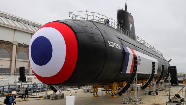 A submarine in the Naval Group shipyard in Cherbourg, France. Named “Suffren”, this submarine was also delayed three years. Picture: Ludovic Marin/AFP