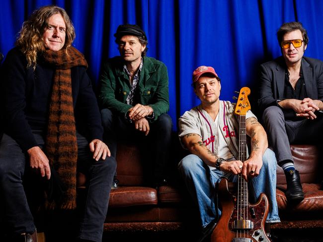 28/05/2024  Members of the Australian Rock Collective (ARC) (L-R) Kram, Darren Middleton, Mark Wilson and Davey Lane during a break in rehearsals at Bakehouse studios in Melbourne. Aaron Francis / The Australian