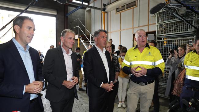 Deputy Labor Party Leader Richard Marles with Shadow Treasurer Jim Chalmers MP, Shadow Minister Senator Katy Gallagher, and Labor Candidate for Forde Rowan Holzeberger, visiting Munster Mechanical in Slacks Creek just outside Brisbane, to continue the Labor Party election campaign while Leader Anthony Albanese isolates at home in Sydney with Covid. Picture: Tim Hunter.