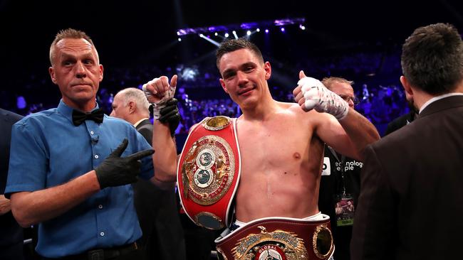 SYDNEY, AUSTRALIA - AUGUST 14: Tim Tszyu celebrates winning the WBO Global and IBF Australasian super welterweight title fight between Tim Tszyu and Dwight Ritchie at ICC Sydney on August 14, 2019 in Sydney, Australia. (Photo by Cameron Spencer/Getty Images)