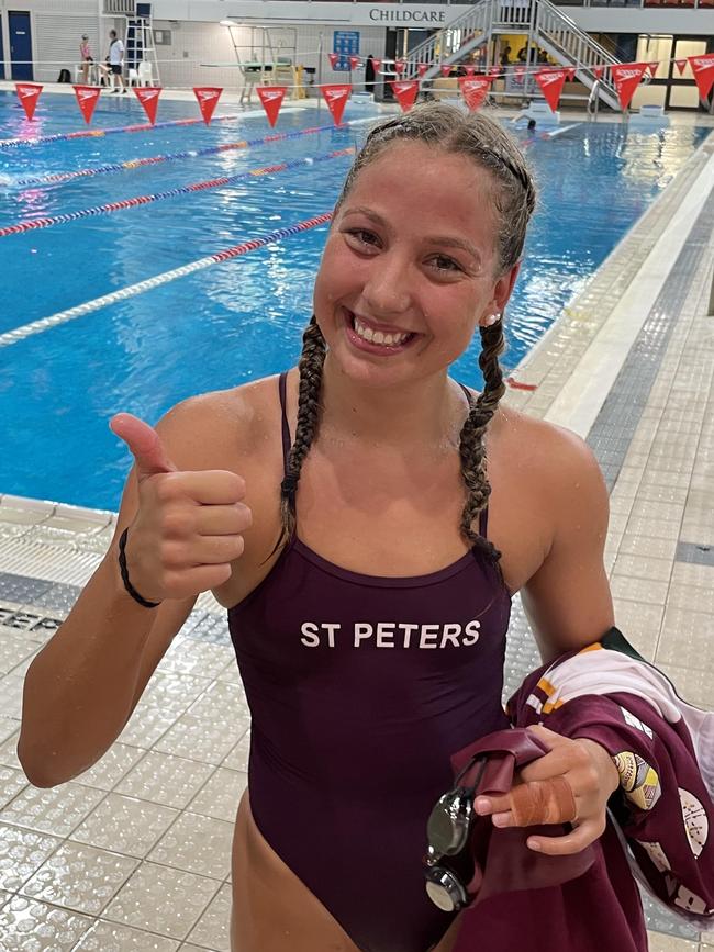 St Peters Lutheran College co-captain Amelia Weber, swam with a broken left finger strapped at this year’s QGSSSA.