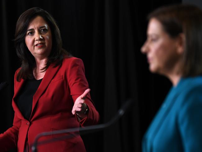 BRISBANE, AUSTRALIA - NewsWire Photos - OCTOBER 28, 2020. Queensland Premier Annastacia Palaszczuk (left) and opposition Leader Deb Frecklington engage in a debate during the Sky News - Courier Mail People's Forum at the Broncos Leagues club in Brisbane, ahead of the October 31 state election. Picture: NCA NewsWire / Dan Peled