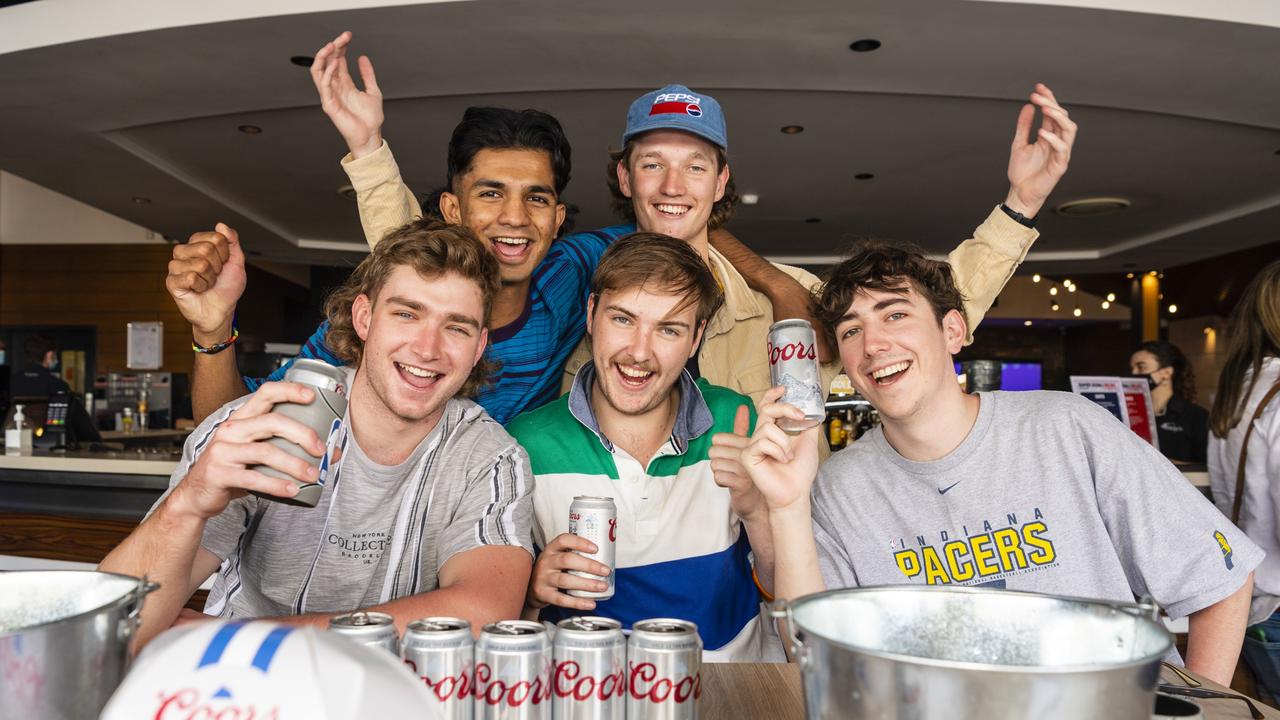 Watching the NFL Super Bowl at Fitzy's are (from left) Will Coll, Rukshan Mahendraraj, William Creevey, Jared Jeitz and Will Bein, Monday, February 14, 2022. Picture: Kevin Farmer