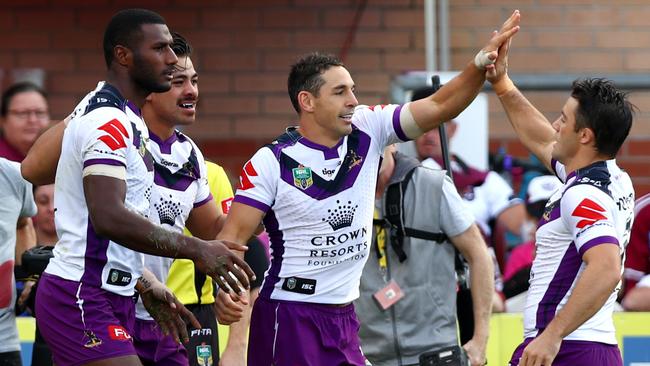 Storm's Susliasi Vunivalu celebrates scoring his try with team matesduring the round 7 NRL game between the Manly Sea Eagles and the Melbourne Storm at Lottoland, Brookvale. Picture: Gregg Porteous