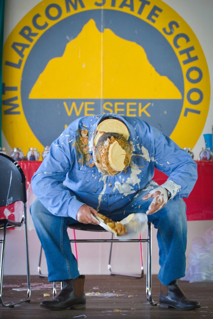 Teacher Norm HoranPIE IN THE FACE - Mt Larcom State School raises money for drought relief. Picture: Mike Richards GLA140918PIEF