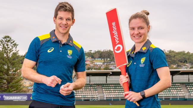 Australian captain Tim Paine and women’s player Nicole Carey at the Vodafone sponsorship announcement