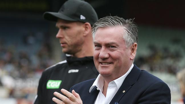 Collingwood president Eddie McGuire claps the VFLW team after winning the premiership in 2019. Picture: Michael Klein