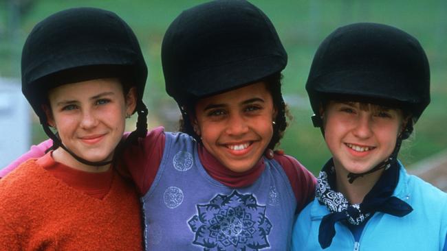 The Saddle Club actors L-R: Lisa (Lara Jean Marshall), Carole (Keenan Macwilliam) and Stevie (Sophie Bennett). 