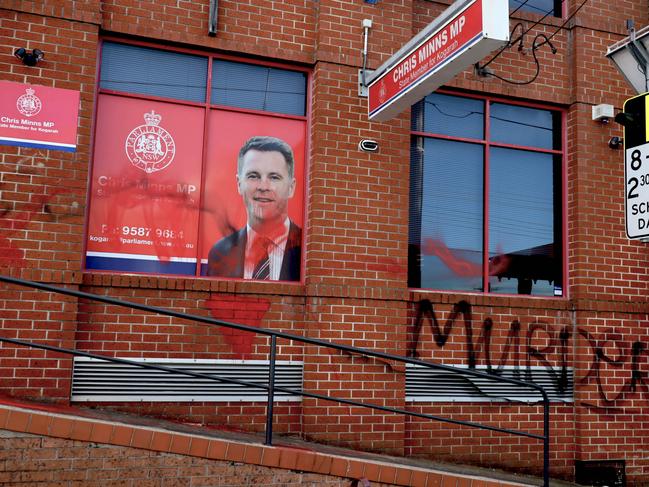 Vandals graffitied the electorate office of NSW Premier Chris Minns’ overnight covering the building in red paint and the word “murder”. Picture: NewsWire / Nicholas Eagar