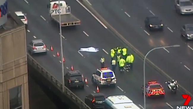 Emergency services on Anzac Bridge following the horror crash. Picture: Seven News