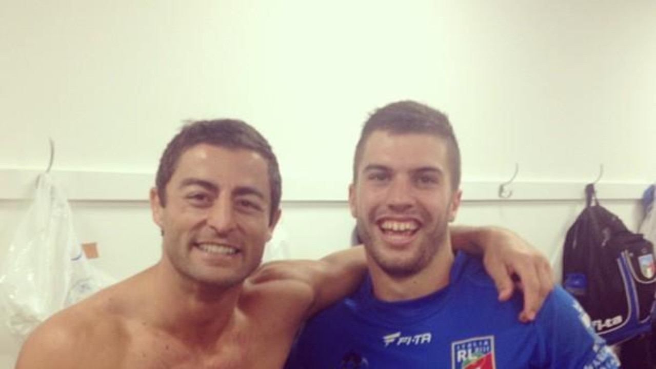 James Tedesco with Anthony Minichiello after his debut for Italy in 2013.