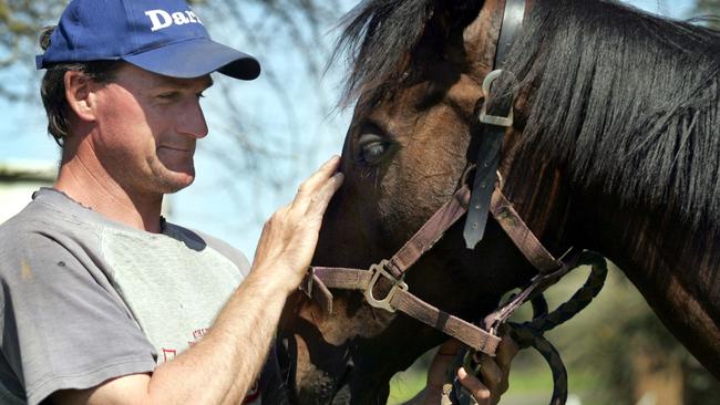 Darren Weir with She’s Archie at his stables in Ballarat. 