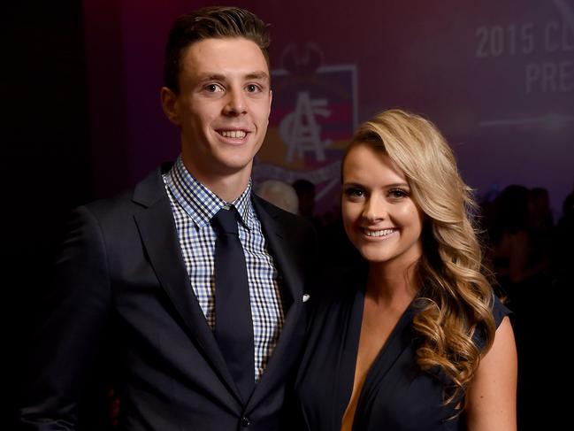 26/09/15 - Crows player Jake Lever & Jess Hansenarriving at the 2015 Club Champion Presentation Dinner at the Adelaide Convention Centre.Photo Tom Huntley