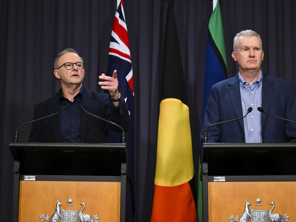 Australian Prime Minister Anthony Albanese and Australian Minister for Employment Tony Burke speak to the media during a press conference at Parliament House in Canberra, Sunday, November 27, 2022. The Albanese government says it has reached a deal with independent senator David Pocock to secure passage of its workplace laws. (AAP Image/Lukas Coch) NO ARCHIVING