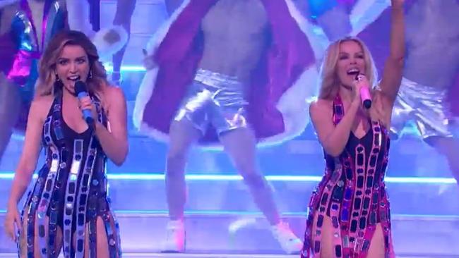 Dannii Minogue with Kylie on the 2015 X Factor final says her older sister was sad to not have children and was ‘instinctive’ with kids. Picture: Channel 7