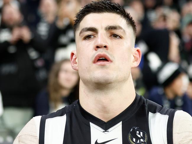 MELBOURNE, AUSTRALIA - SEPTEMBER 07: Brayden Maynard of the Magpies looks on during the 2023 AFL First Qualifying Final match between the Collingwood Magpies and the Melbourne Demons at Melbourne Cricket Ground on September 07, 2023 in Melbourne, Australia. (Photo by Michael Willson/AFL Photos via Getty Images)