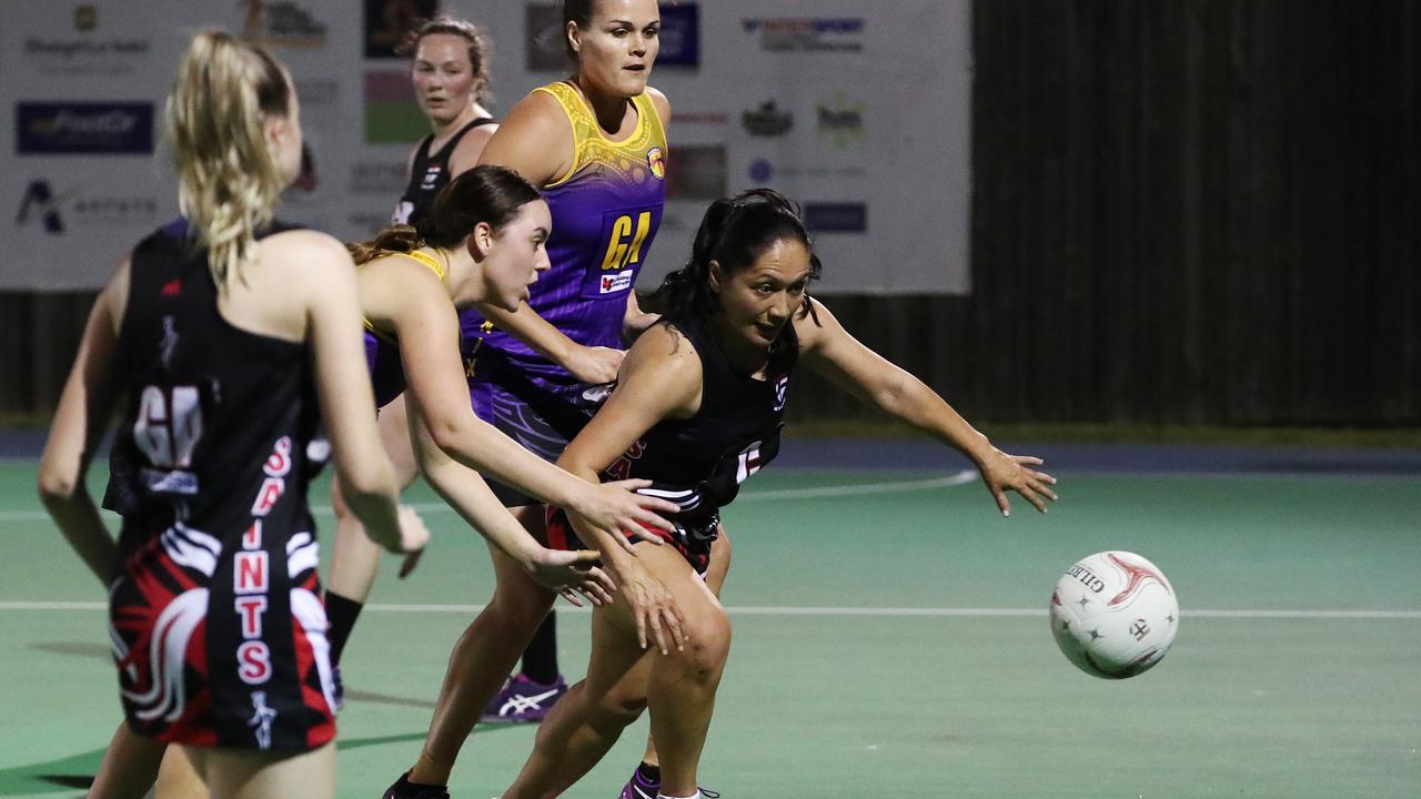 Fierce's Leah O'Brien and Saints' Moera Blair battle for possession in the Cairns Netball Association Senior Division 1 match between the Phoenix Fierce and the Cairns Saints. PICTURE: BRENDAN RADKE