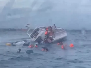 Two Australians have been caught up in a dramatic sea rescue off the coast of Bali after a boat carrying tourists capsized due to a leak. Picture: Instagram.