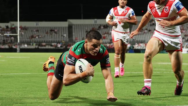 Braidon Burns scores a try for South Sydney during the 2024 NRL Pre-Season Challenge. (Photo by Matt King/Getty Images)